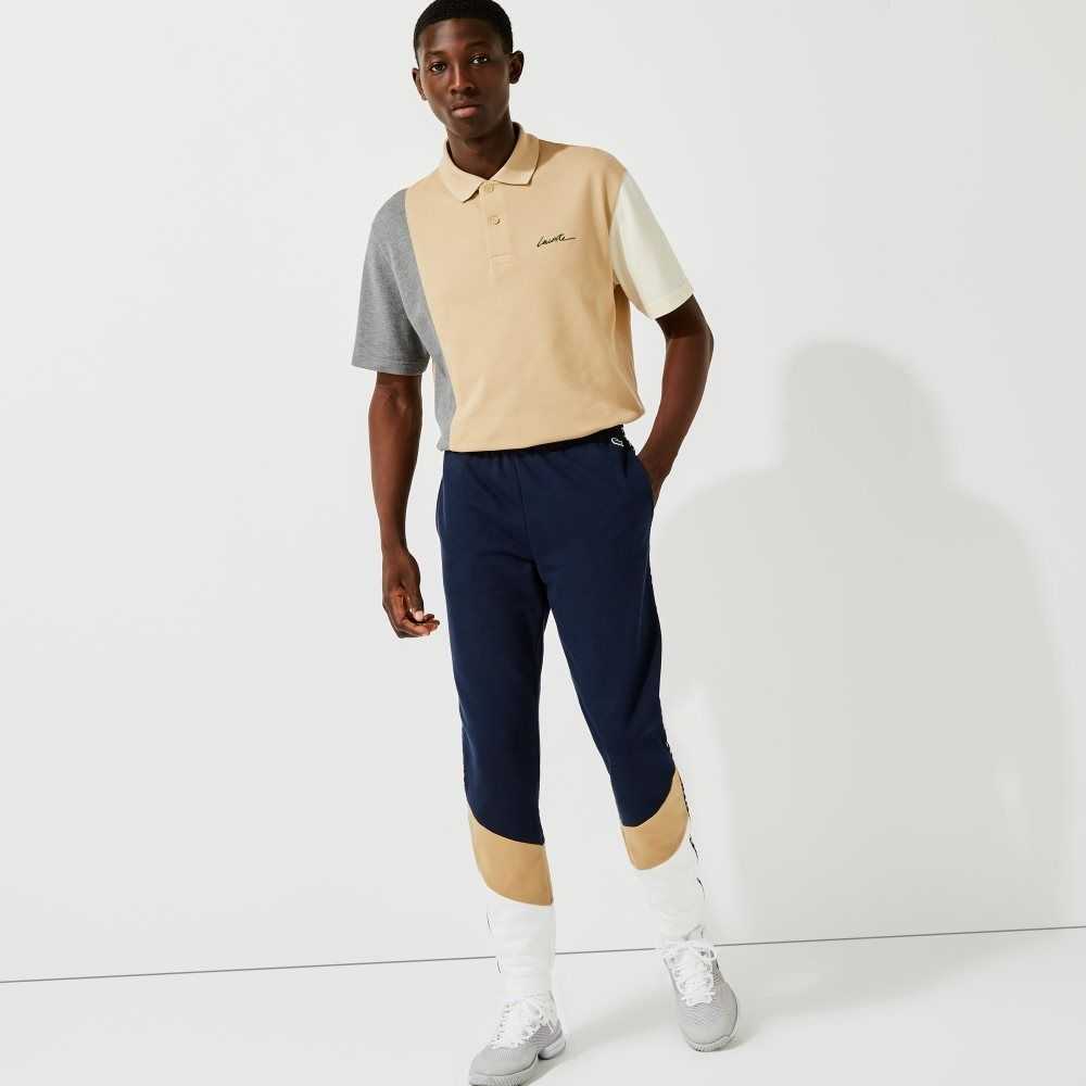 Navy Blue / Beige / White Lacoste Signature Striped Colorblock Fleece Jogging Pants | QKJRHL-943