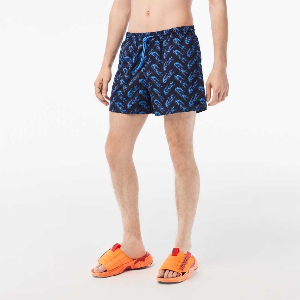 Navy Blue / Blue Lacoste Recycled Polyester Print Swim Trunks | LKUCMT-562