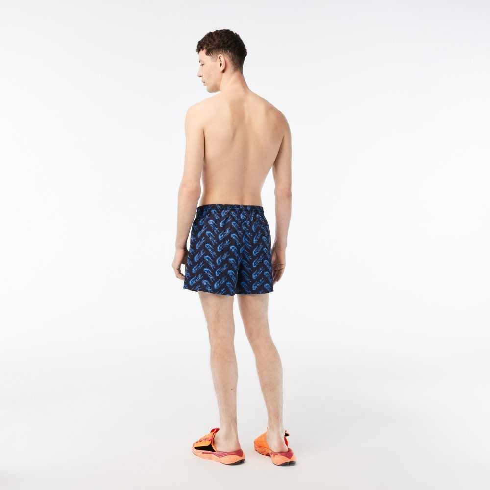 Navy Blue / Blue Lacoste Recycled Polyester Print Swim Trunks | LKUCMT-562