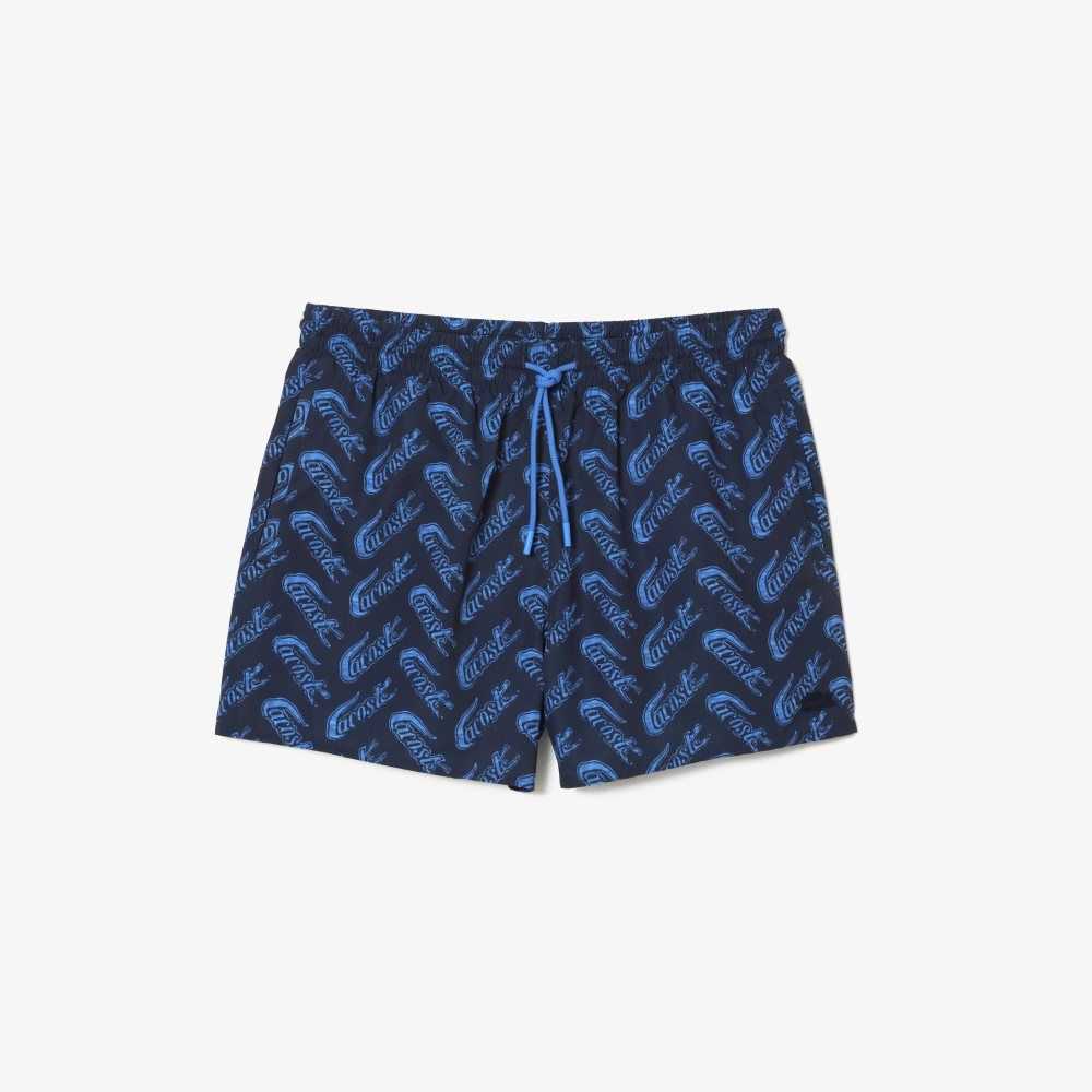 Navy Blue / Blue Lacoste Recycled Polyester Print Swim Trunks | LKUCMT-562