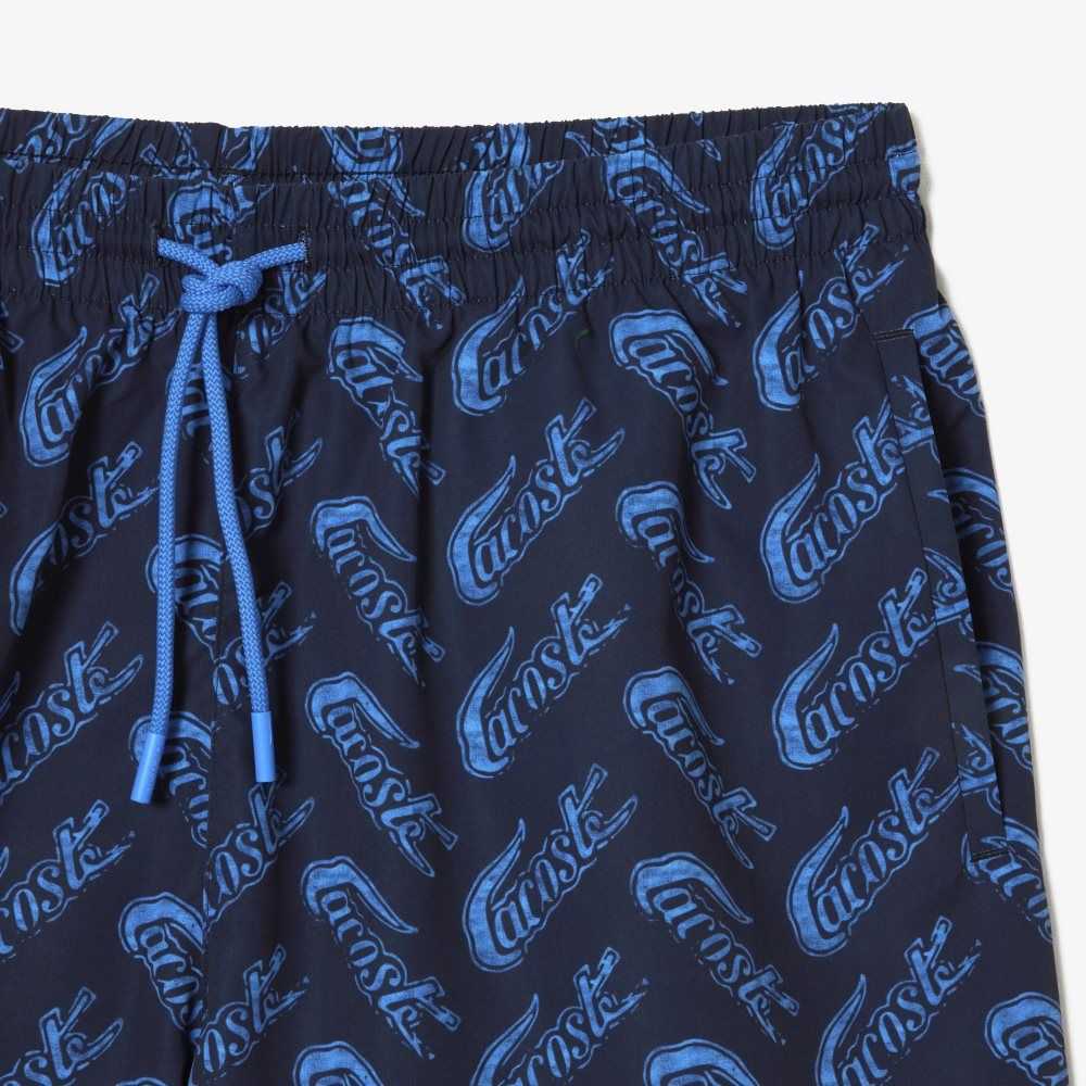 Navy Blue / Blue Lacoste Recycled Polyester Print Swim Trunks | LKUCMT-562