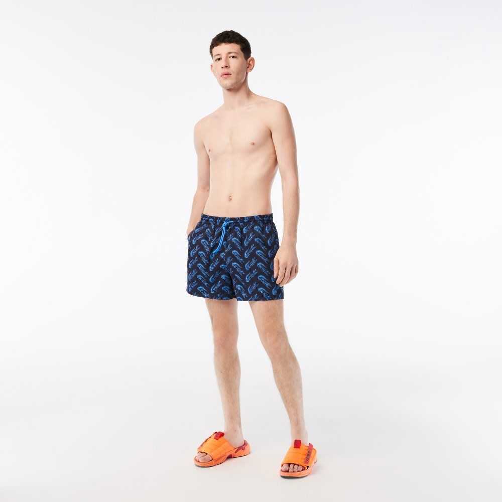 Navy Blue / Blue Lacoste Recycled Polyester Print Swim Trunks | LKUCMT-562