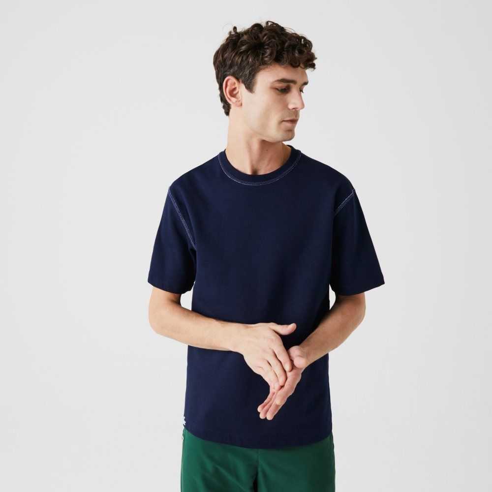 Navy Blue / Blue Lacoste Reversible Cotton Blend Pique T-shirt | DYSZMI-208