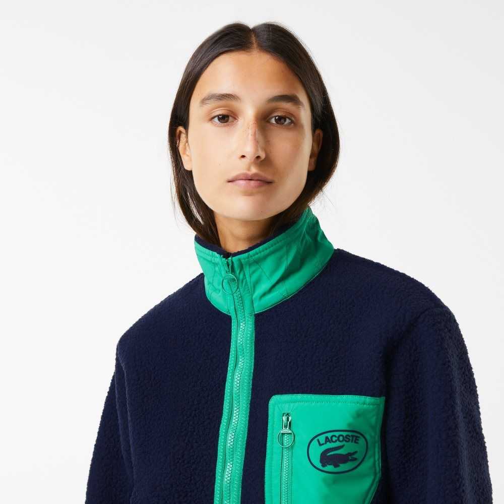 Navy Blue / Green Lacoste Contrast Print Sherpa Fleece Jacket | GARPLJ-821