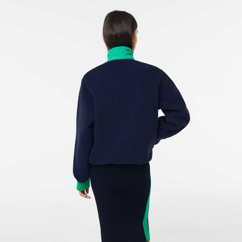 Navy Blue / Green Lacoste Contrast Print Sherpa Fleece Jacket | GARPLJ-821