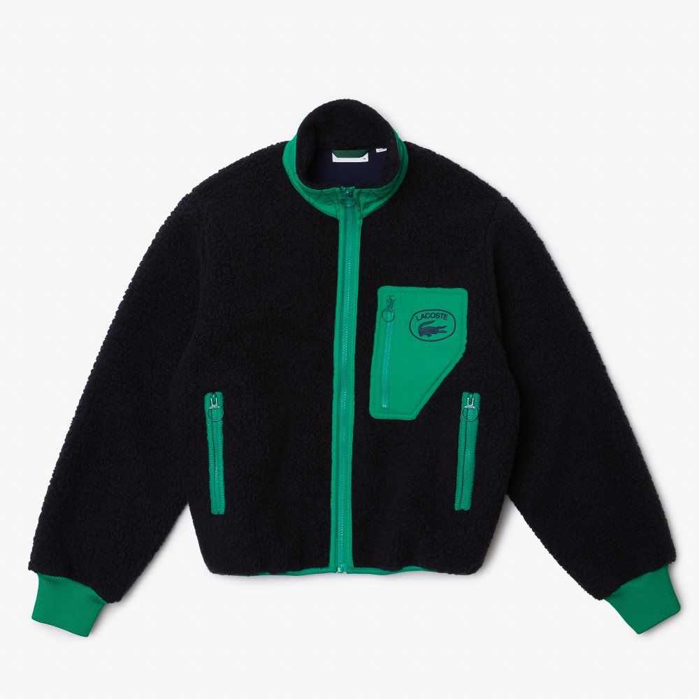 Navy Blue / Green Lacoste Contrast Print Sherpa Fleece Jacket | GARPLJ-821