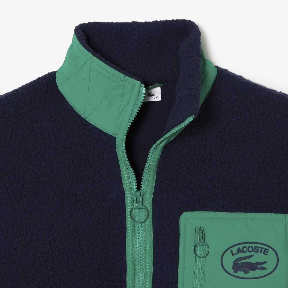 Navy Blue / Green Lacoste Contrast Print Sherpa Fleece Jacket | GARPLJ-821