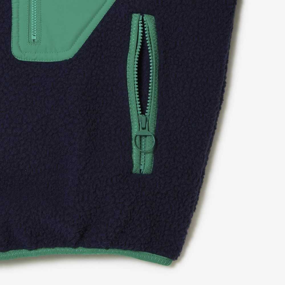 Navy Blue / Green Lacoste Contrast Print Sherpa Fleece Jacket | GARPLJ-821