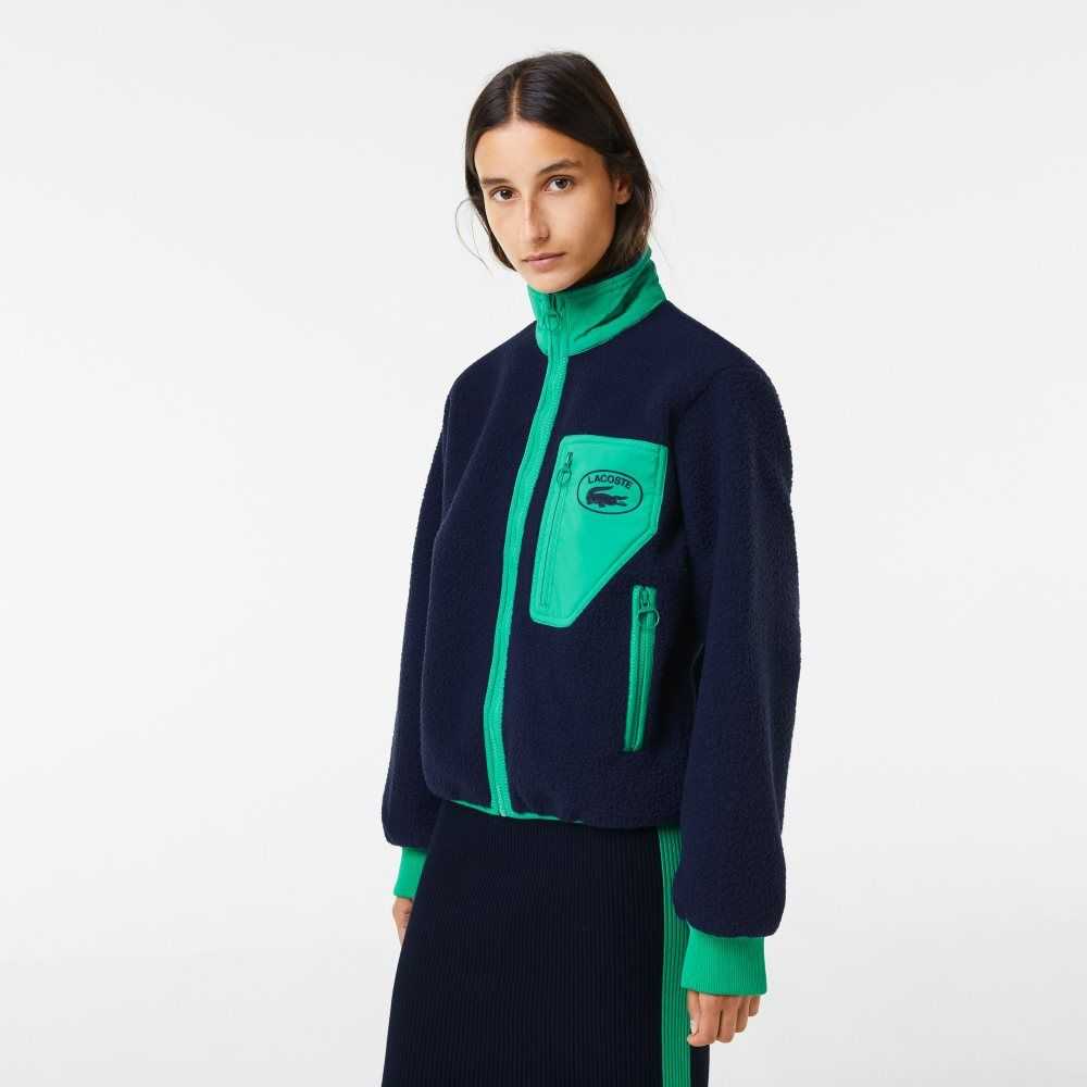 Navy Blue / Green Lacoste Contrast Print Sherpa Fleece Jacket | GARPLJ-821