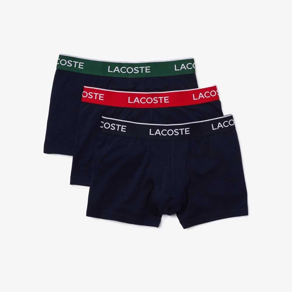 Navy Blue / Green / Red / Navy Blue Lacoste Pack Of 3 Navy Casual Boxer Briefs With Contrasting Waistband | ALGURQ-712