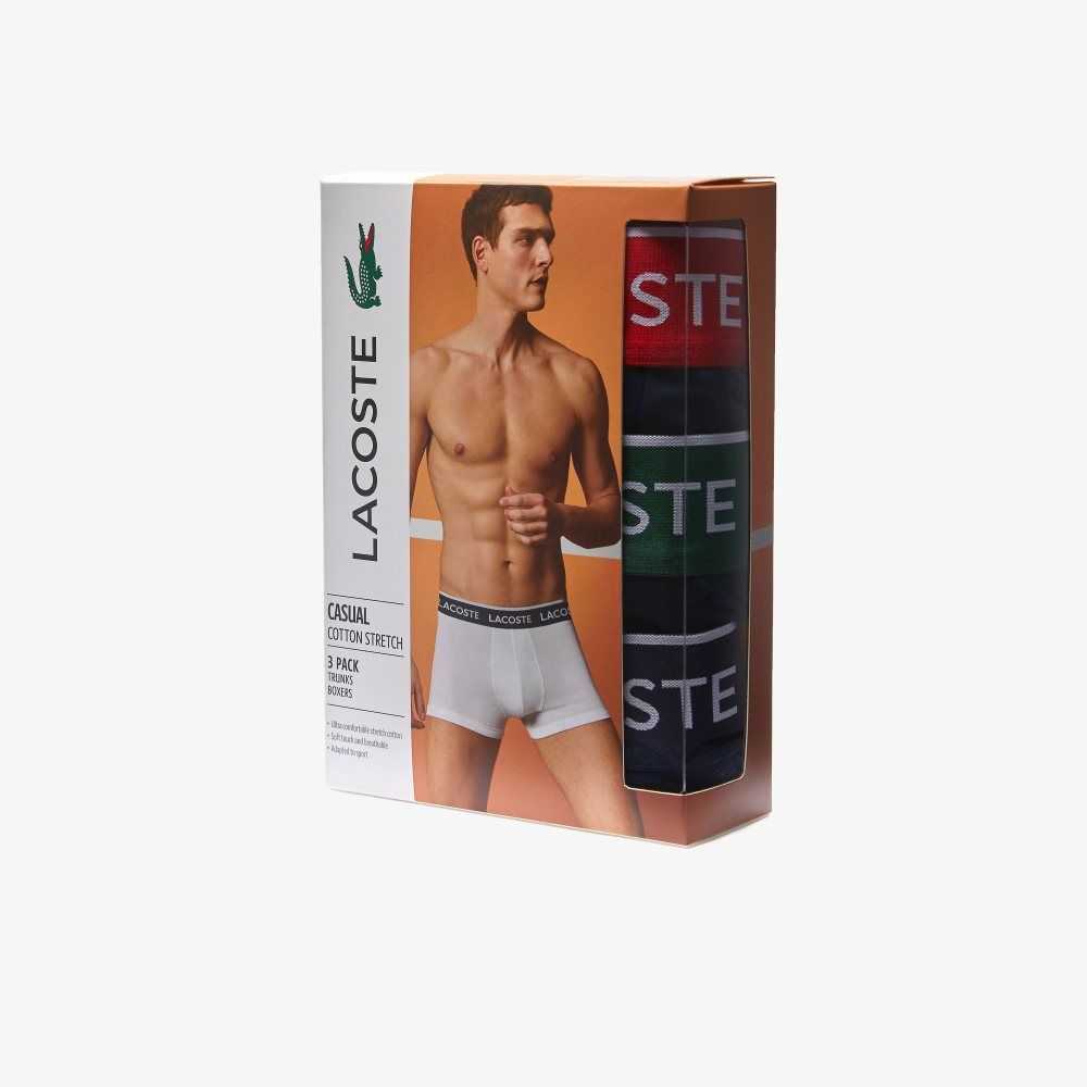 Navy Blue / Green / Red / Navy Blue Lacoste Pack Of 3 Navy Casual Boxer Briefs With Contrasting Waistband | ALGURQ-712