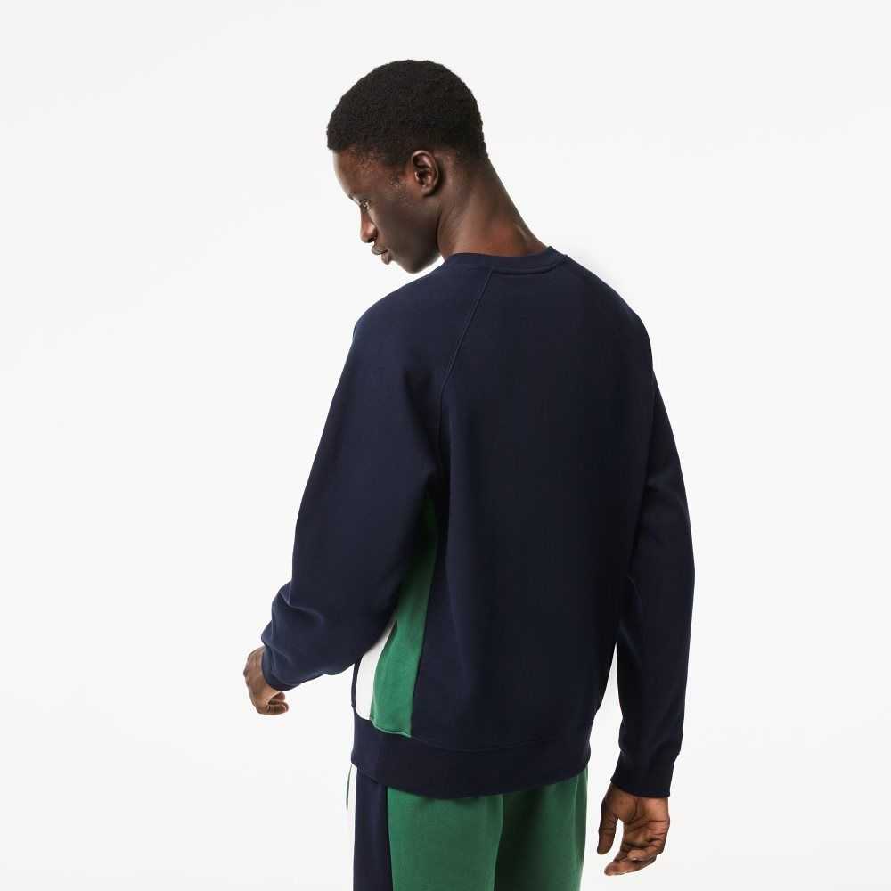 Navy Blue / Green / White Lacoste Brushed Fleece Colorblock Sweatshirt | JBDQOW-710