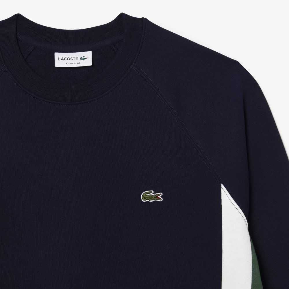 Navy Blue / Green / White Lacoste Brushed Fleece Colorblock Sweatshirt | JBDQOW-710