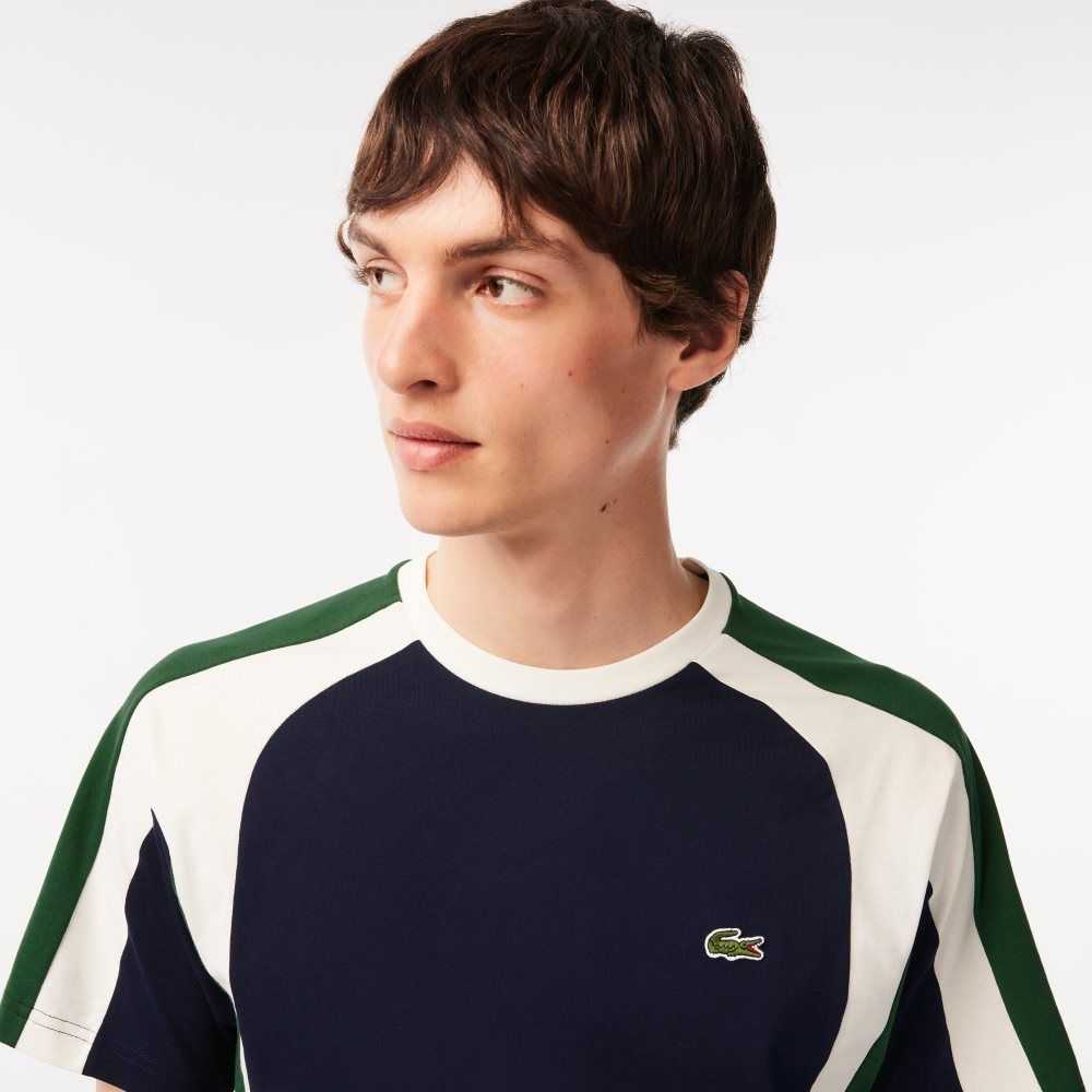 Navy Blue / Green / White Lacoste Colorblock Cotton Jersey T-Shirt | JFKUCP-359