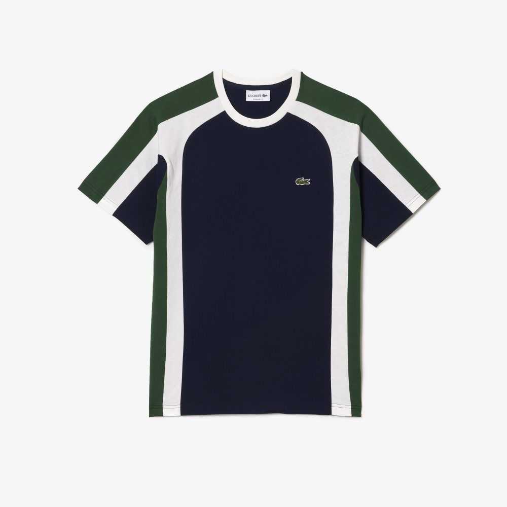 Navy Blue / Green / White Lacoste Colorblock Cotton Jersey T-Shirt | JFKUCP-359