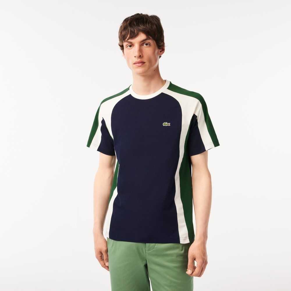 Navy Blue / Green / White Lacoste Colorblock Cotton Jersey T-Shirt | JFKUCP-359