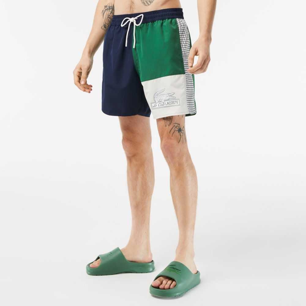 Navy Blue / Green / White Lacoste Recycled Polyester Colorblock Swim Trunks | OIAHRM-920