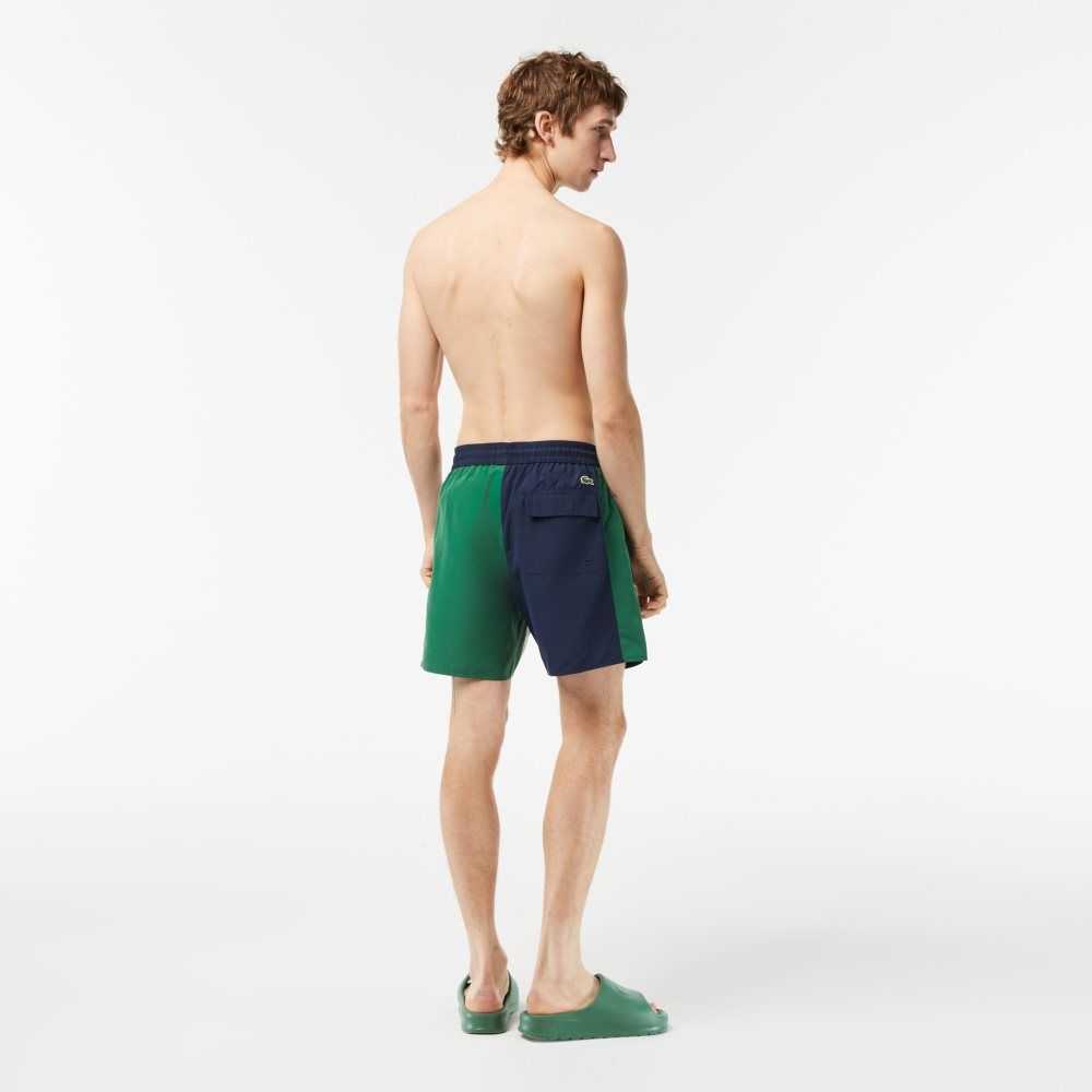 Navy Blue / Green / White Lacoste Recycled Polyester Colorblock Swim Trunks | OIAHRM-920