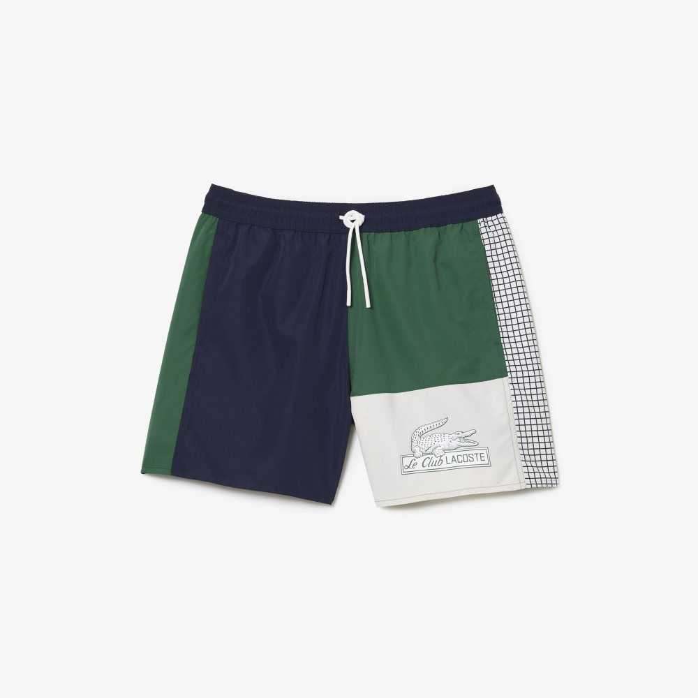 Navy Blue / Green / White Lacoste Recycled Polyester Colorblock Swim Trunks | OIAHRM-920