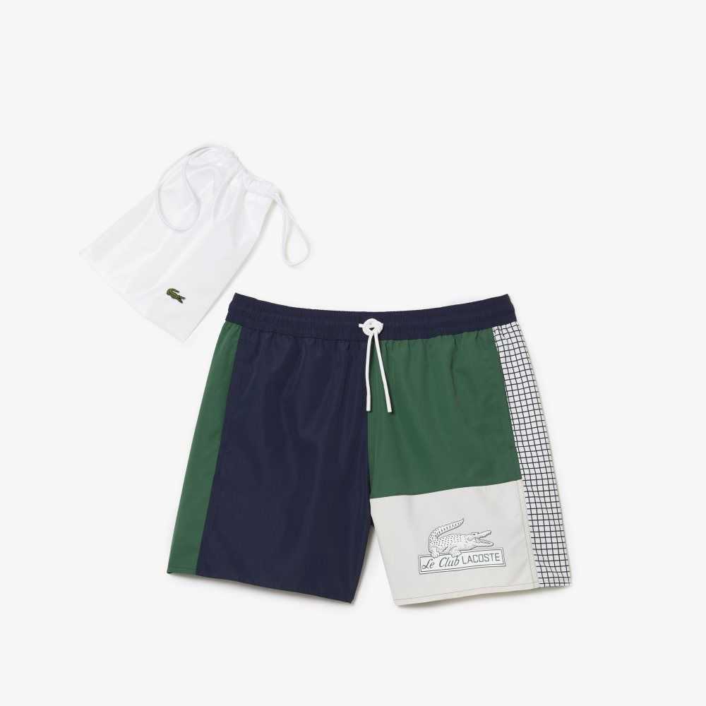 Navy Blue / Green / White Lacoste Recycled Polyester Colorblock Swim Trunks | OIAHRM-920