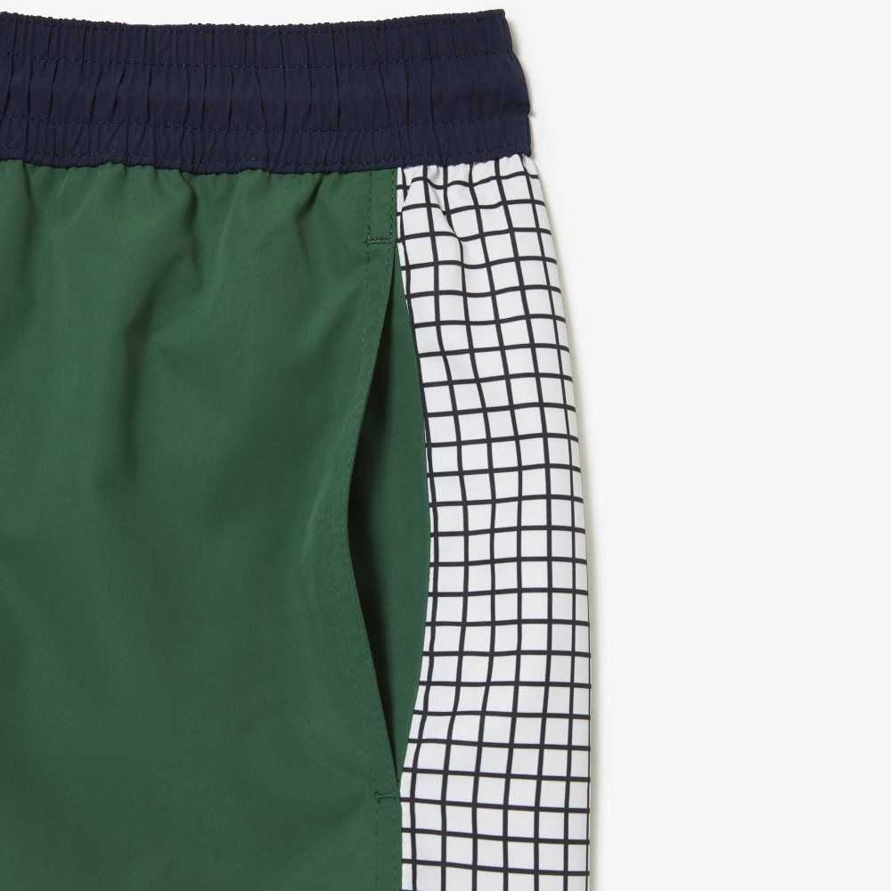 Navy Blue / Green / White Lacoste Recycled Polyester Colorblock Swim Trunks | OIAHRM-920