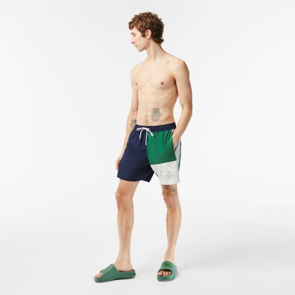 Navy Blue / Green / White Lacoste Recycled Polyester Colorblock Swim Trunks | OIAHRM-920