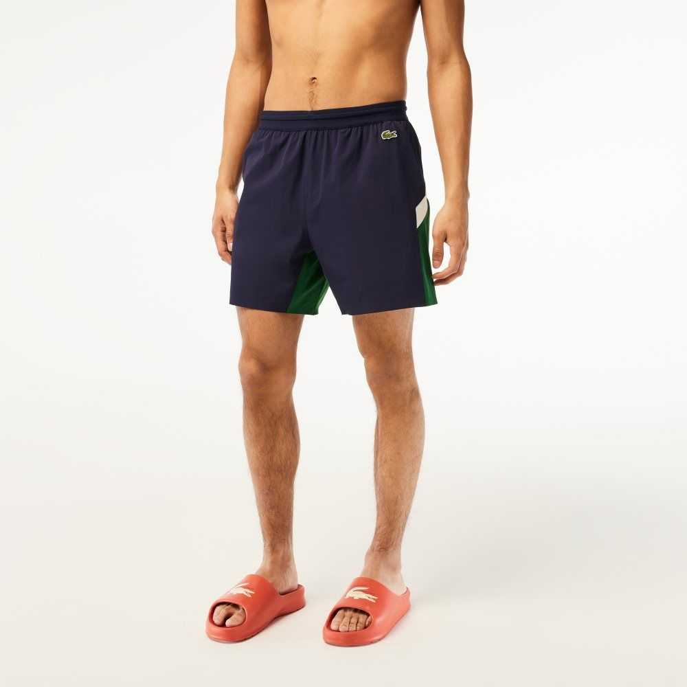 Navy Blue / Green / White Lacoste Recycled Polyamide Colorblock Swim Trunks | ZKDVAR-041