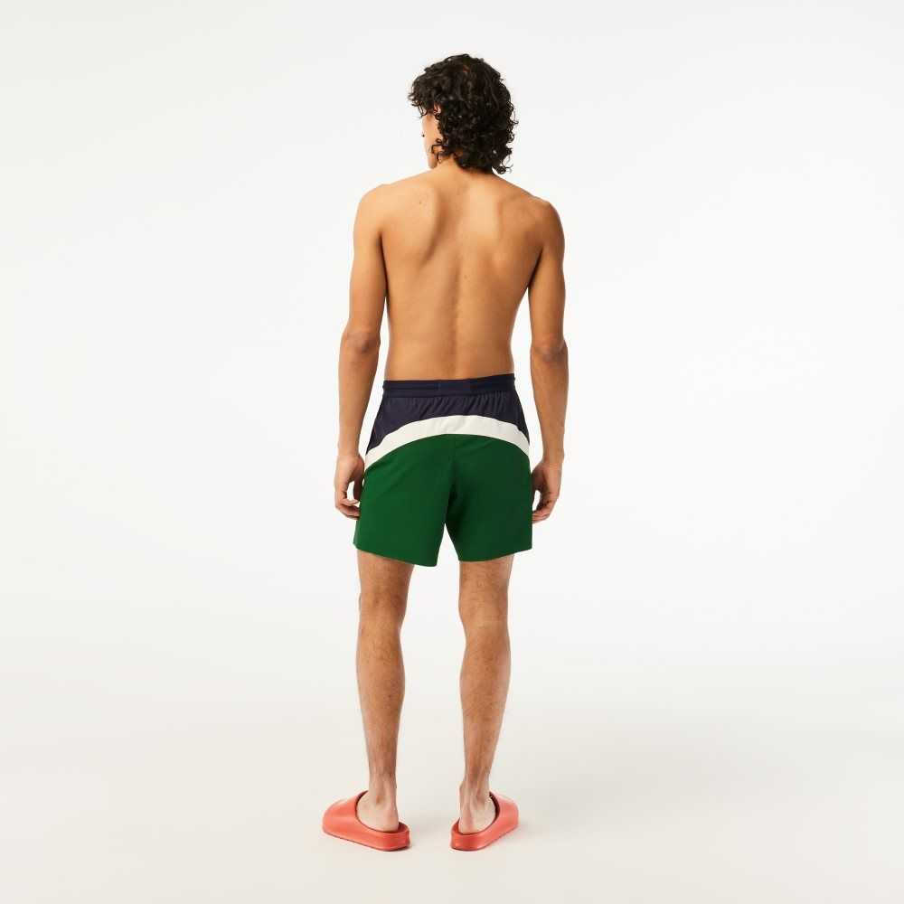 Navy Blue / Green / White Lacoste Recycled Polyamide Colorblock Swim Trunks | ZKDVAR-041