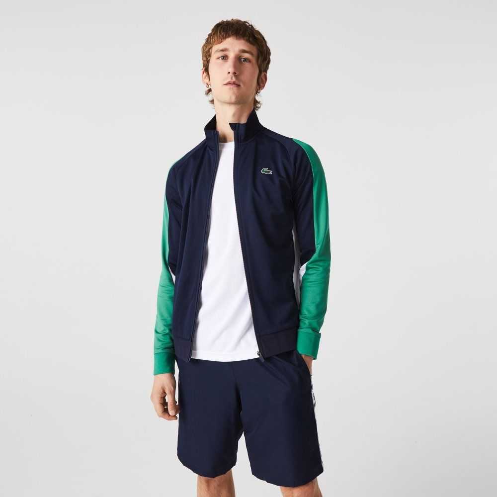 Navy Blue / Green / White Lacoste SPORT Classic Fit Zip Tennis Sweatshirt | QDNAOI-031