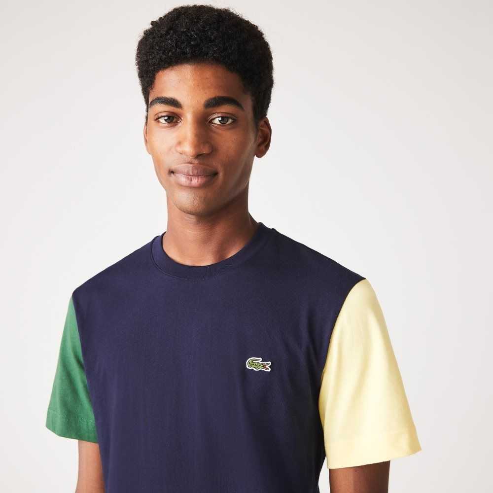 Navy Blue / Green / Yellow Lacoste Regular Fit Colorblock Cotton Jersey T-Shirt | NULZIH-628