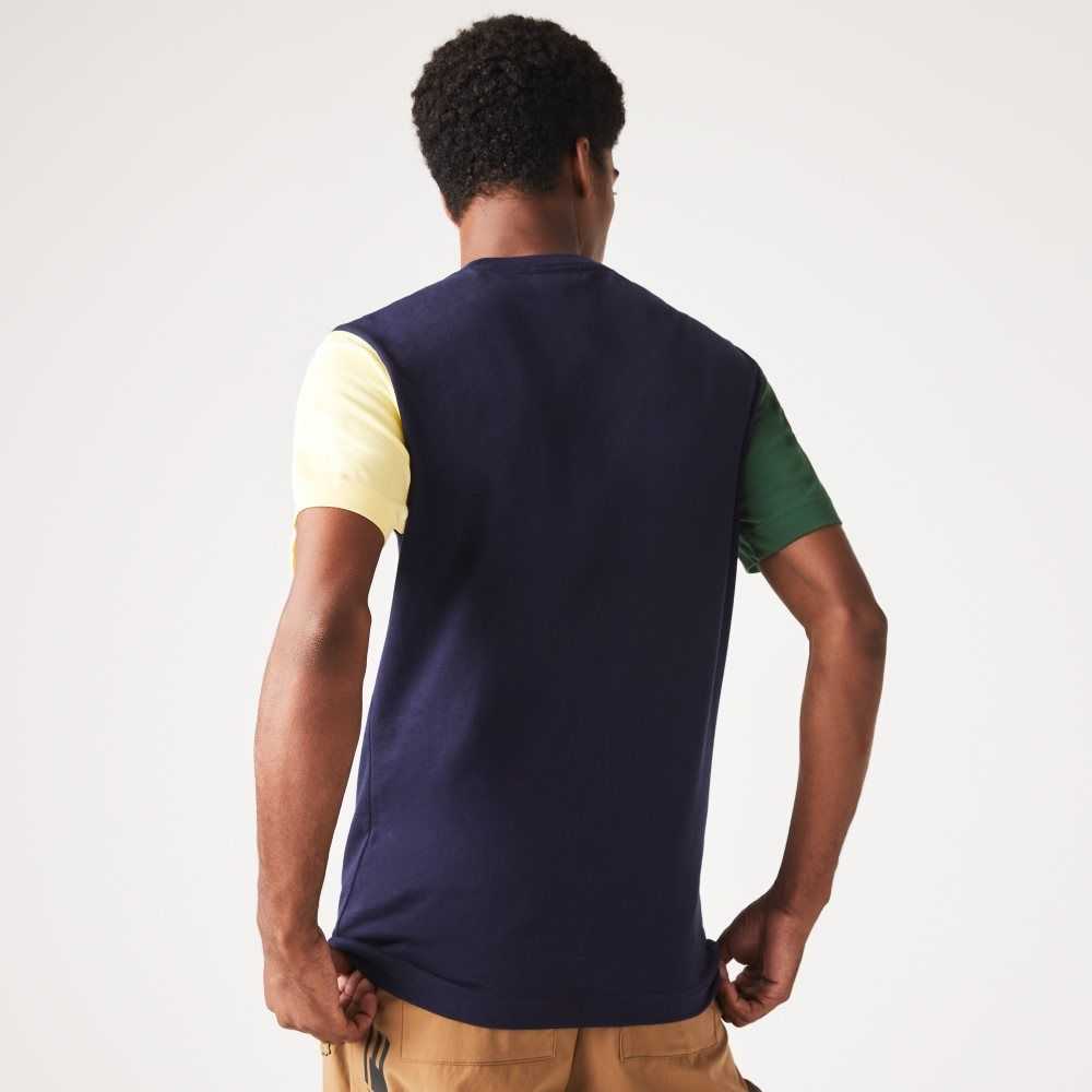 Navy Blue / Green / Yellow Lacoste Regular Fit Colorblock Cotton Jersey T-Shirt | NULZIH-628