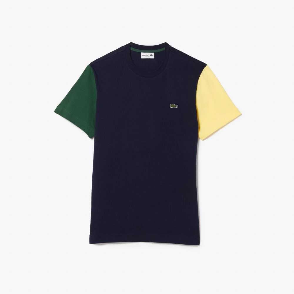 Navy Blue / Green / Yellow Lacoste Regular Fit Colorblock Cotton Jersey T-Shirt | NULZIH-628