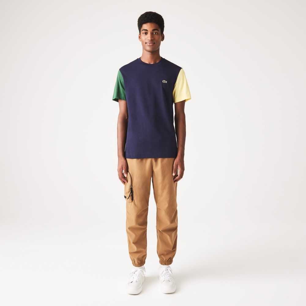 Navy Blue / Green / Yellow Lacoste Regular Fit Colorblock Cotton Jersey T-Shirt | NULZIH-628