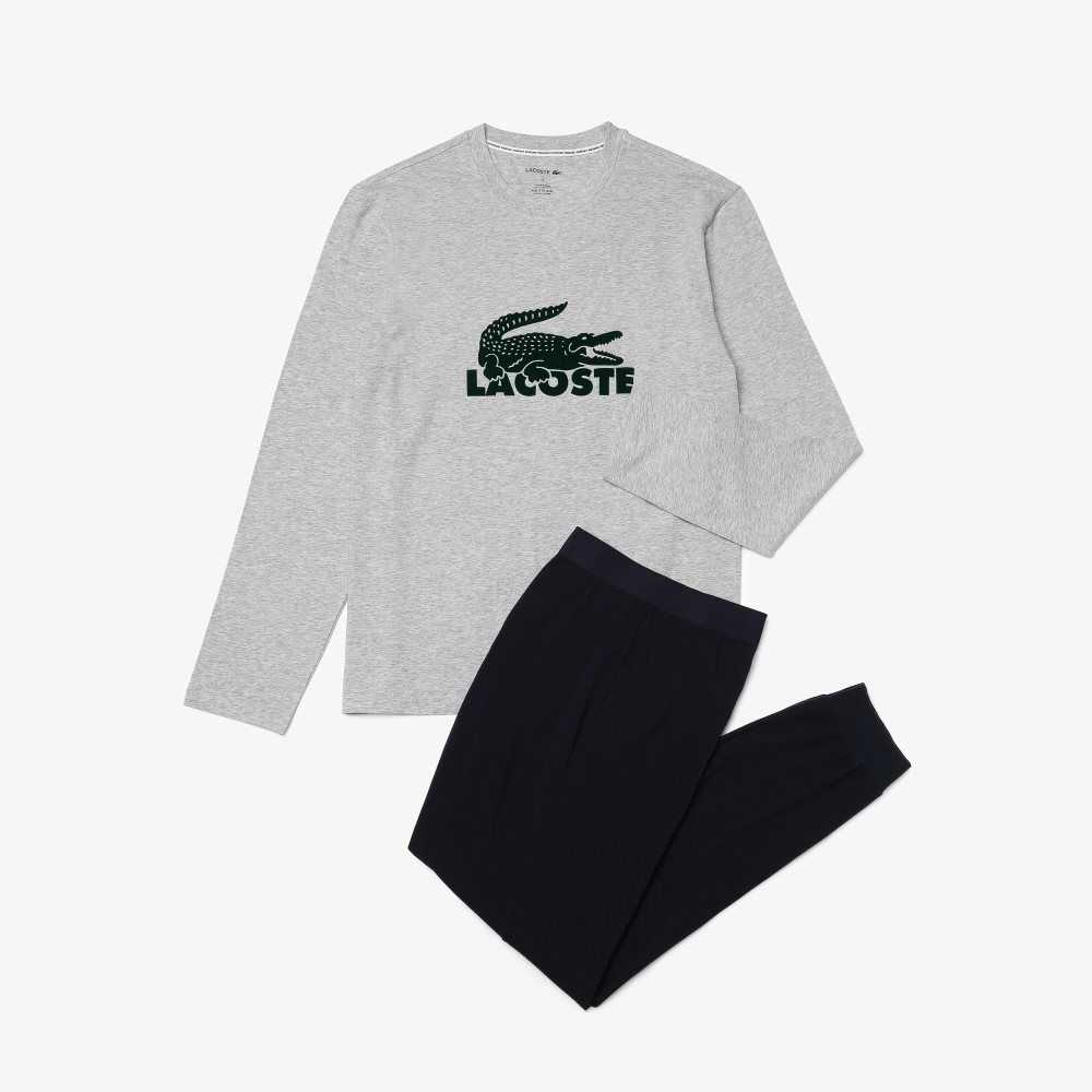 Navy Blue / Grey Chine / Green Lacoste Velvet Logo Long Pajama Set | QAEGSW-926