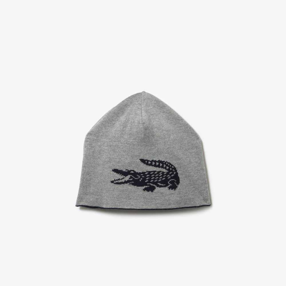 Navy Blue / Grey Chine Lacoste Contrast Crocodile Reversible Beanie | ZNAKWE-043