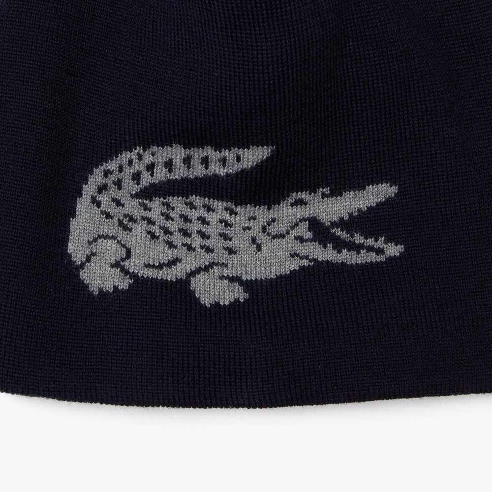 Navy Blue / Grey Chine Lacoste Contrast Crocodile Reversible Beanie | ZNAKWE-043