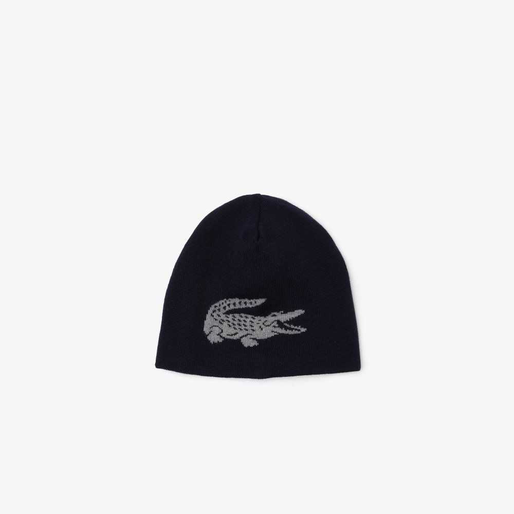 Navy Blue / Grey Chine Lacoste Contrast Crocodile Reversible Beanie | ZNAKWE-043