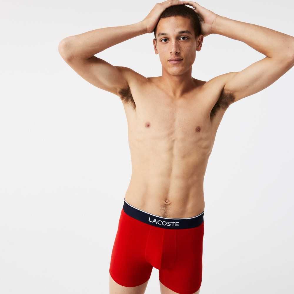 Navy Blue / Grey Chine / Red Lacoste Branded Waist Long Stretch Cotton Boxer Brief 3-Pack | WOEGHV-671