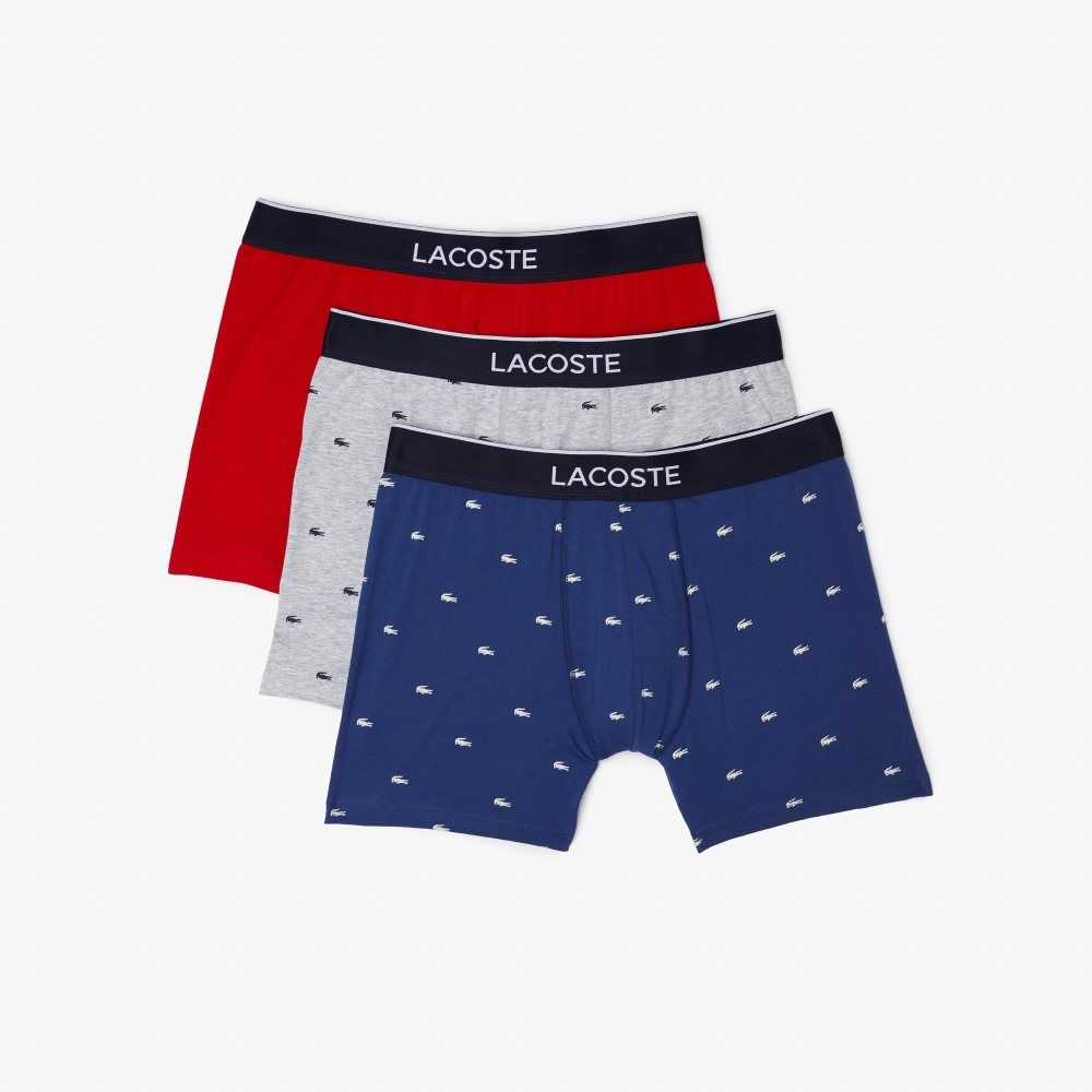 Navy Blue / Grey Chine / Red Lacoste Branded Waist Long Stretch Cotton Boxer Brief 3-Pack | WOEGHV-671