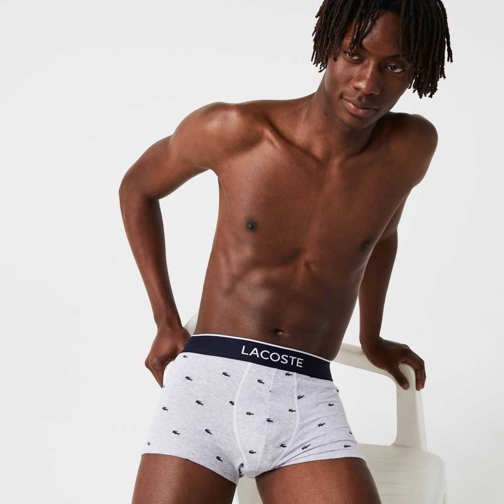 Navy Blue / Grey Chine / Red Lacoste Casual Signature Boxer Trunks 3-Pack | UGCZAQ-892