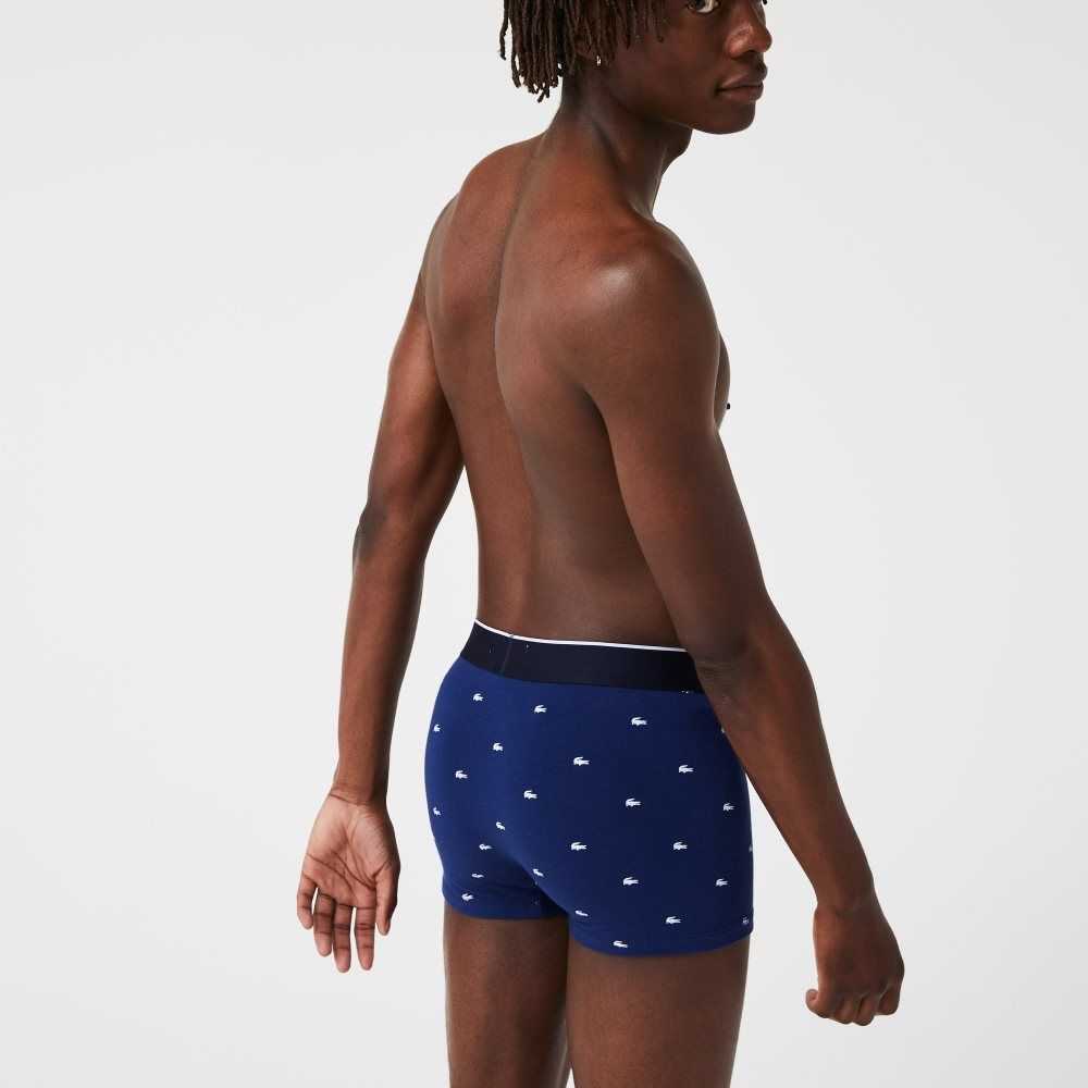 Navy Blue / Grey Chine / Red Lacoste Casual Signature Boxer Trunks 3-Pack | UGCZAQ-892