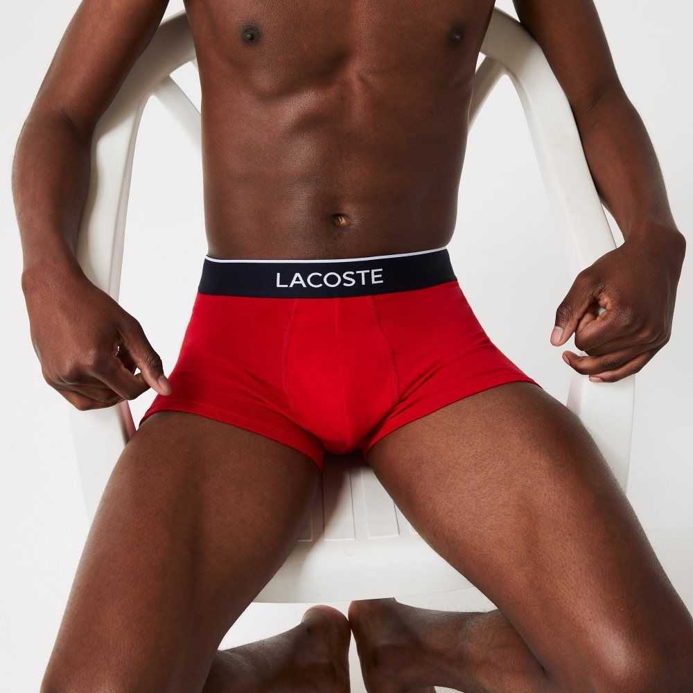 Navy Blue / Grey Chine / Red Lacoste Casual Signature Boxer Trunks 3-Pack | UGCZAQ-892