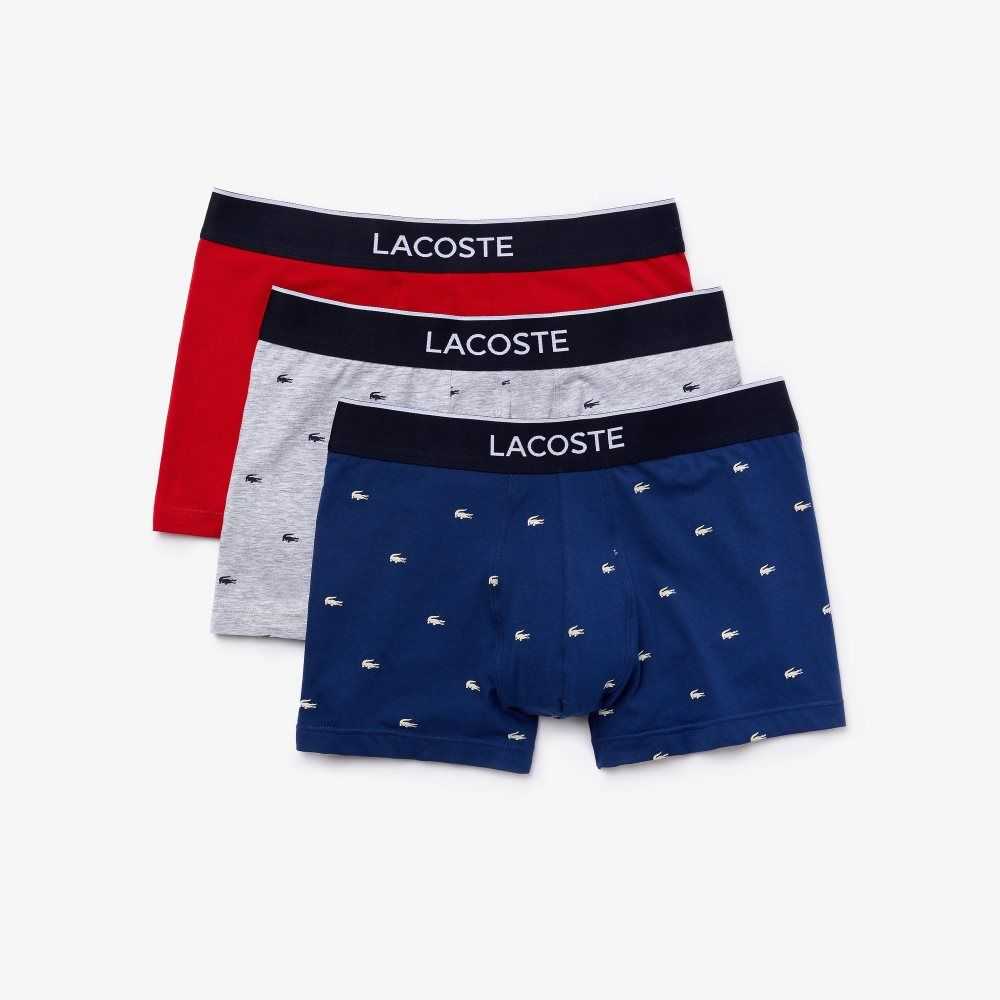 Navy Blue / Grey Chine / Red Lacoste Casual Signature Boxer Trunks 3-Pack | UGCZAQ-892