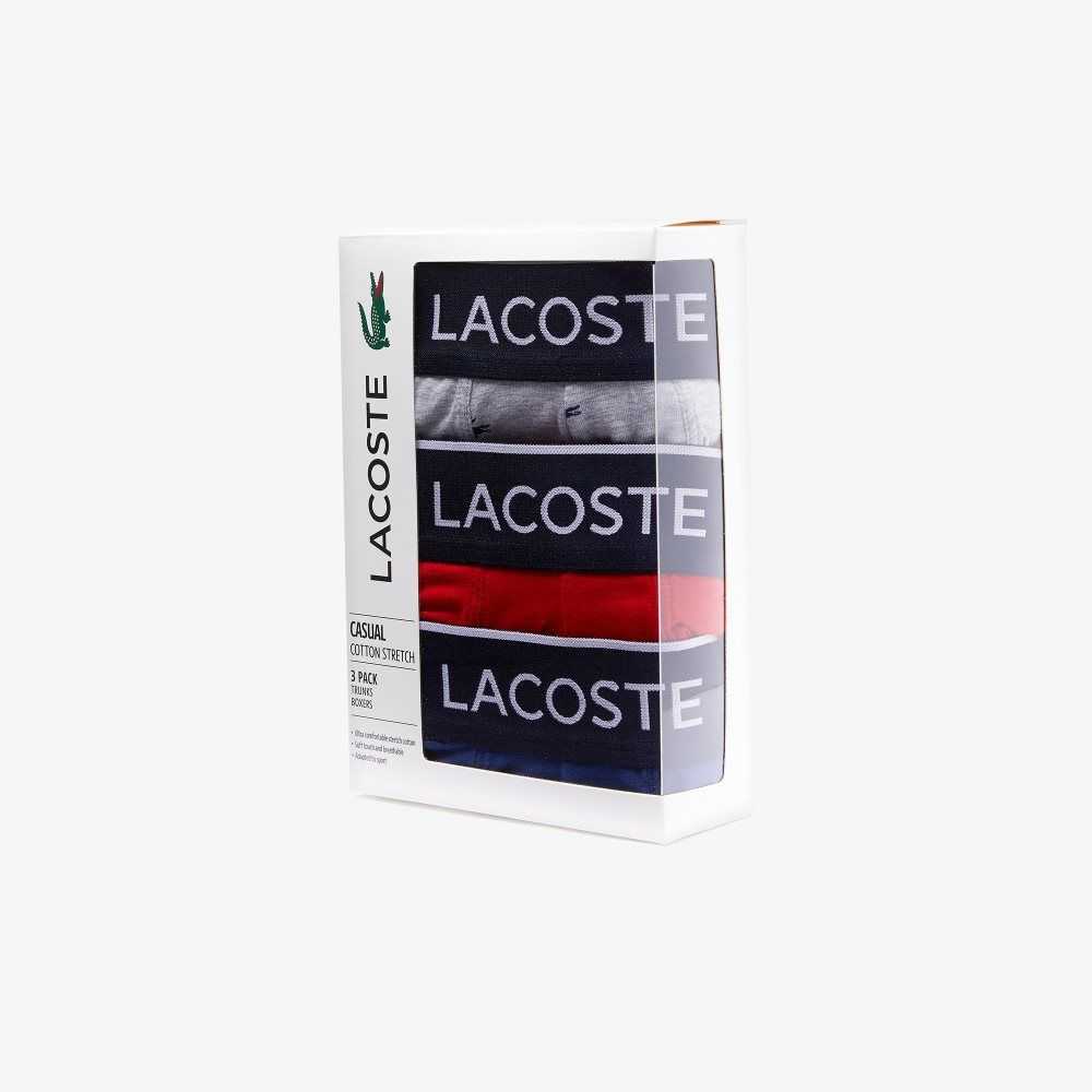 Navy Blue / Grey Chine / Red Lacoste Casual Signature Boxer Trunks 3-Pack | UGCZAQ-892