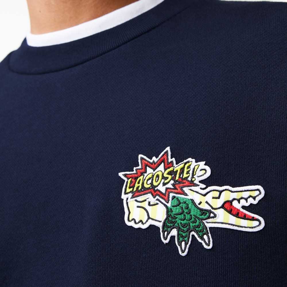 Navy Blue Lacoste Badge Organic Cotton Sweatshirt | SCUKRY-619