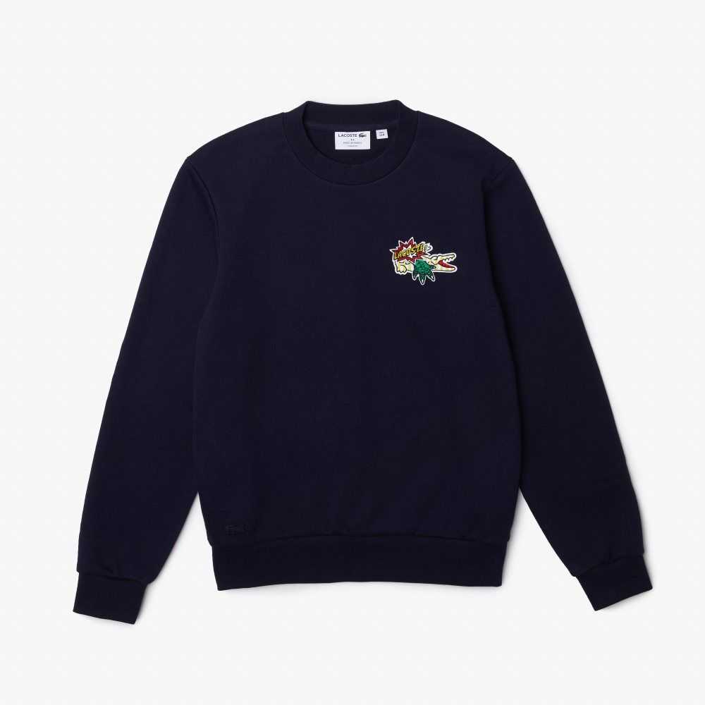 Navy Blue Lacoste Badge Organic Cotton Sweatshirt | SCUKRY-619