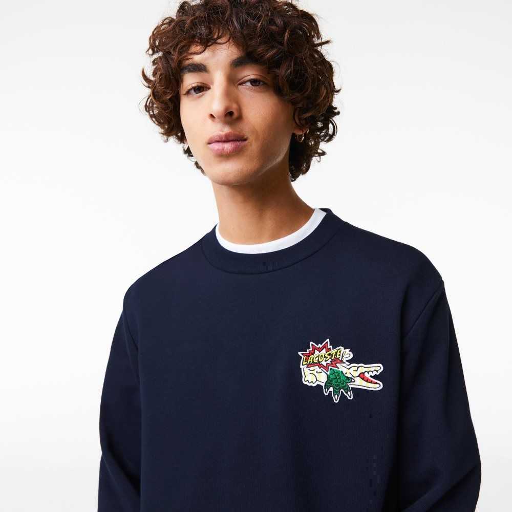 Navy Blue Lacoste Badge Organic Cotton Sweatshirt | SCUKRY-619