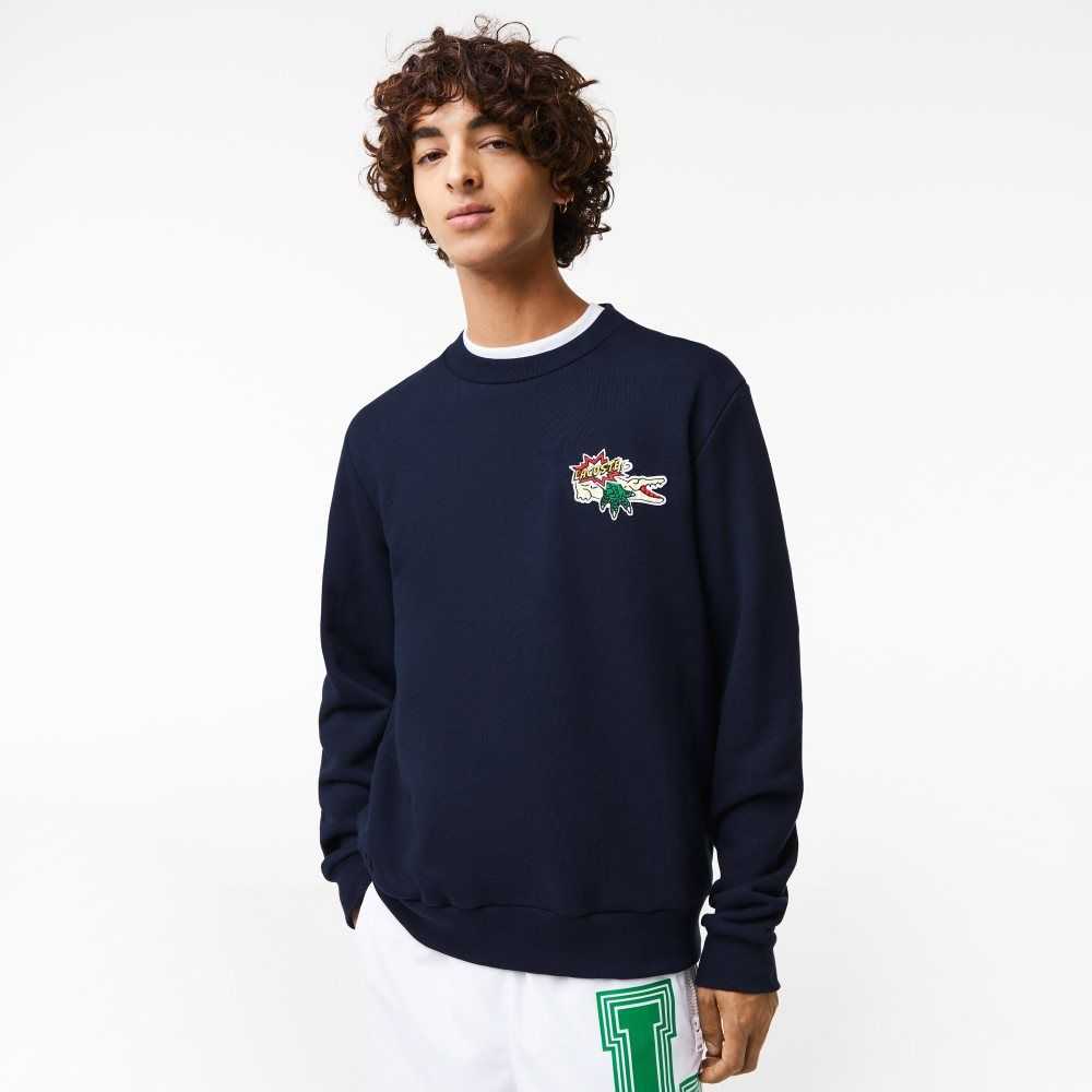 Navy Blue Lacoste Badge Organic Cotton Sweatshirt | SCUKRY-619