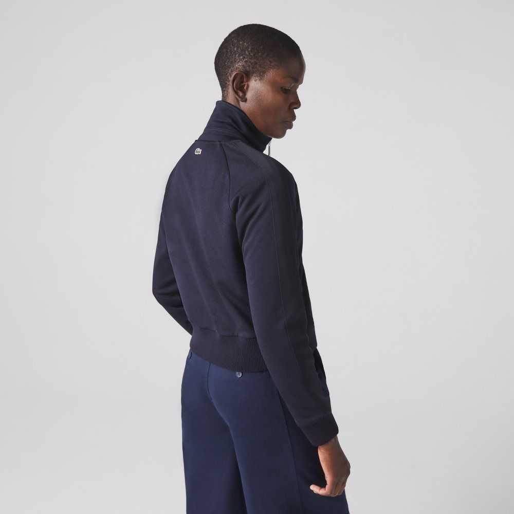 Navy Blue Lacoste Badge Pique Zippered Sweatshirt | LTWCZG-326