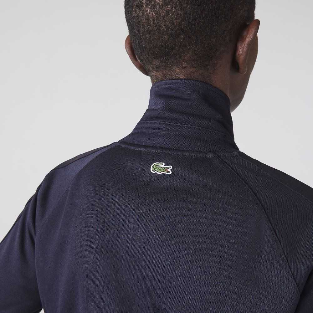 Navy Blue Lacoste Badge Pique Zippered Sweatshirt | LTWCZG-326